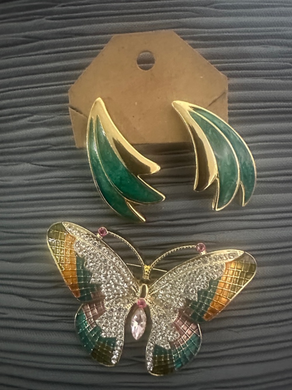 Gold-Tone Green Enamel Wing Earrings and Butterfly Brooch Set